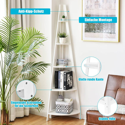 File Shelf 5 Shelves Ladder Style A-Shaped Standing Shelf Corner Shelf Wood White