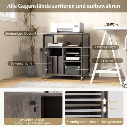 Aktenschrank auf Rollen Büroschrank mit Ladestation &amp; Loch für Kabelmanagement Druckerständer-grau
