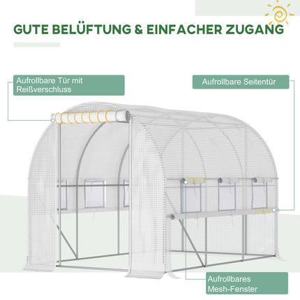 Serre tunnel 2,95 x 2 x 2 m, fenêtres enroulables, protection UV, coupe-vent, acier, blanc