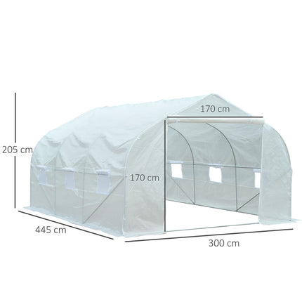 Serre à tomates en film 4,45 x 2,99 x 2,05 m, protection UV, fenêtre grillagée, coupe-vent, métal, blanc