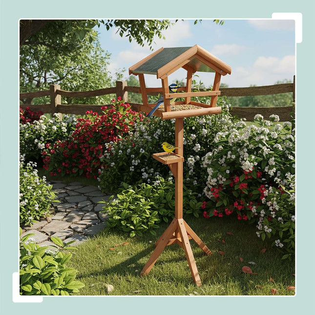 Fir Wood Bird Feeder with Stand – Weatherproof Roof