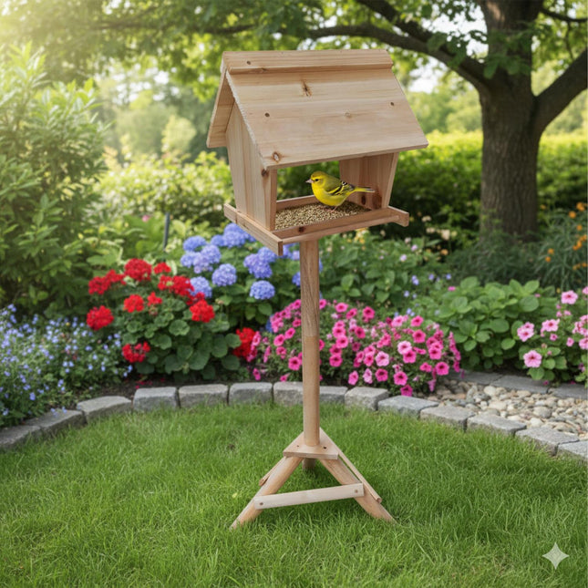 Vogelfutterhaus aus Tannenholz mit hohem Ständer
