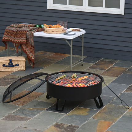 Feuerschale & BBQ Grill mit Funkenschutz, schwarz Ø76 cm