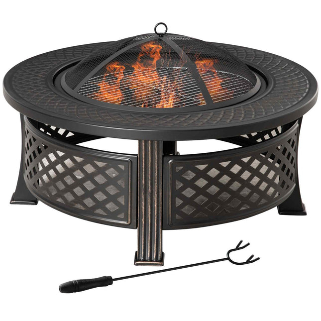 Round steel fireplace with spark protection for garden and barbecue