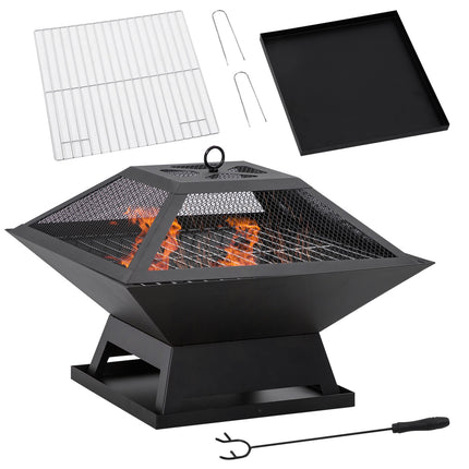 Feuerschale mit Grill & Funkenschutz, Stahl, 45x45x34 cm