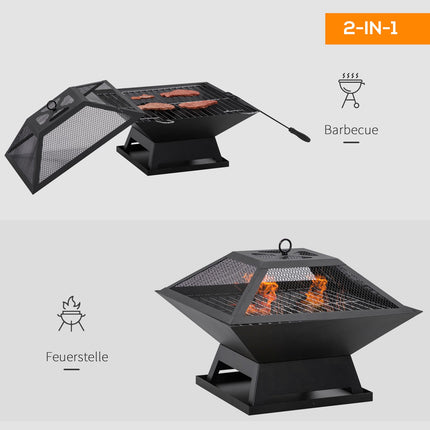 Feuerschale mit Grill & Funkenschutz, Stahl, 45x45x34 cm