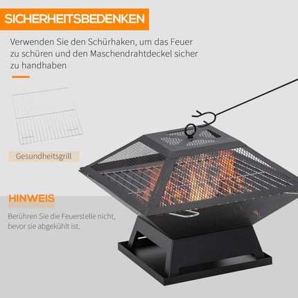 Feuerschale mit Grill & Funkenschutz, Stahl, 45x45x34 cm