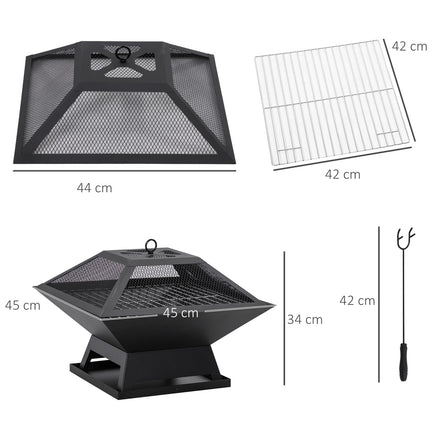 Feuerschale mit Grill & Funkenschutz, Stahl, 45x45x34 cm