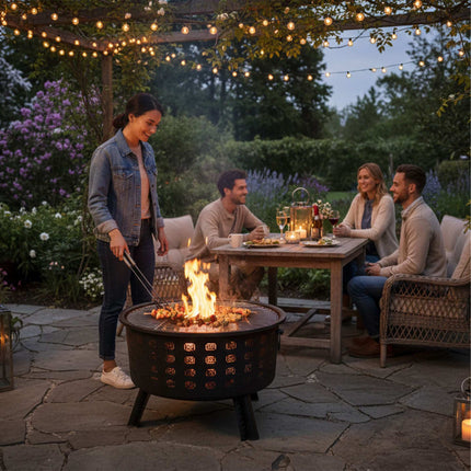 Fire Bowl with Grill Rack – Diamond Pattern, Black