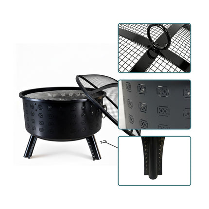 Fire Bowl with Grill Rack – Diamond Pattern, Black