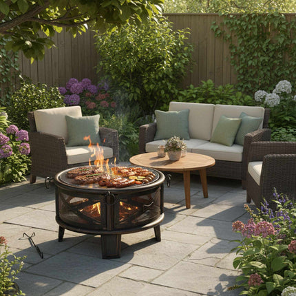 Feuerschale mit Grillrost und Funkenschutz für den Garten