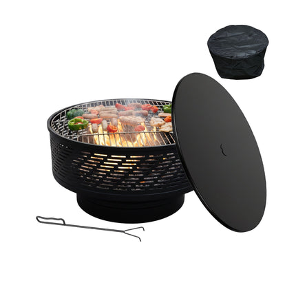 Feuerschale mit Deckel & Grill – Schwarz, Edelstahl