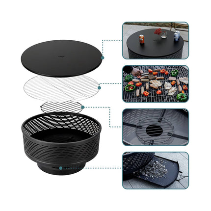 Feuerschale mit Deckel & Grill – Schwarz, Edelstahl