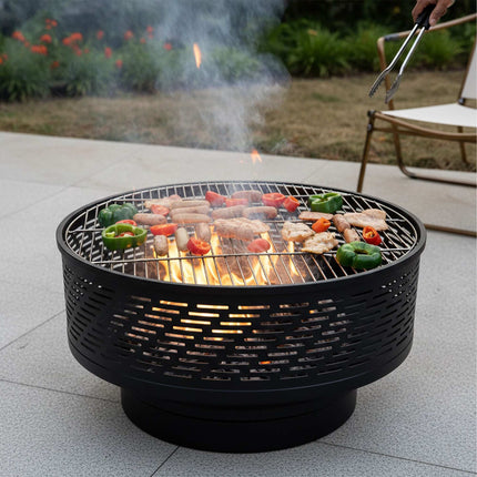 Feuerschale mit Deckel & Grill – Schwarz, Edelstahl