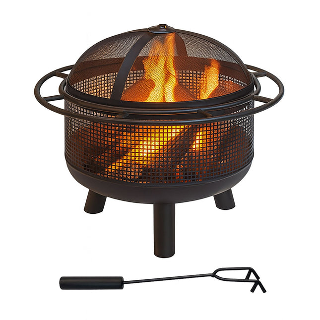 Feuerschale mit Funkenschutz & Schürhaken – Schwarze Metallschale