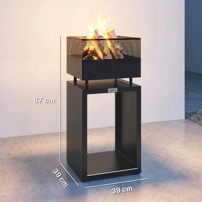Fire Pit with Wood Storage, Adjustable Feet, 39x39x87 cm