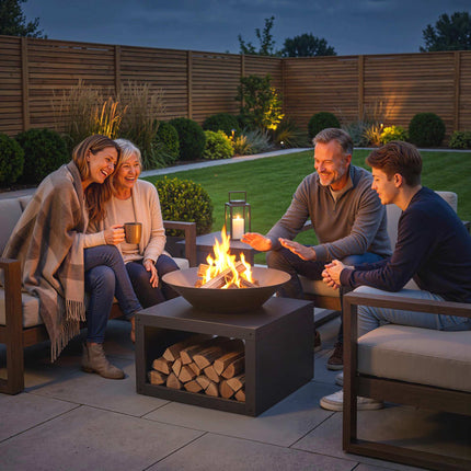 Fire Pit with Wood Storage, Metal, Black, Ø59 cm