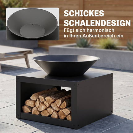Fire Pit with Wood Storage, Metal, Black, Ø59 cm