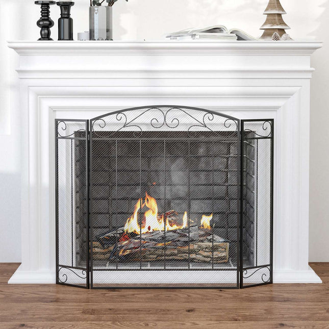 Folding steel fireplace cover, 3 panels, 105 x 80.5 cm, black