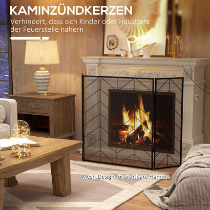 Open haardbeschermer, opklapbare haardpoort met 3 panelen, ovenbeschermer, vonkenbeschermer voor woonkamer, staal, 135 x 85 cm, zwart