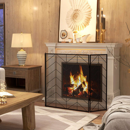 Open haardbeschermer, opklapbare haardpoort met 3 panelen, ovenbeschermer, vonkenbeschermer voor woonkamer, staal, 135 x 85 cm, zwart