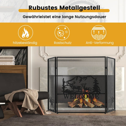 Fireplace Screen, 3-Panel Folding Metal Mesh, 132x79 cm