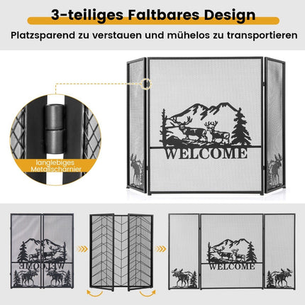 Fireplace Screen, 3-Panel Folding Metal Mesh, 132x79 cm