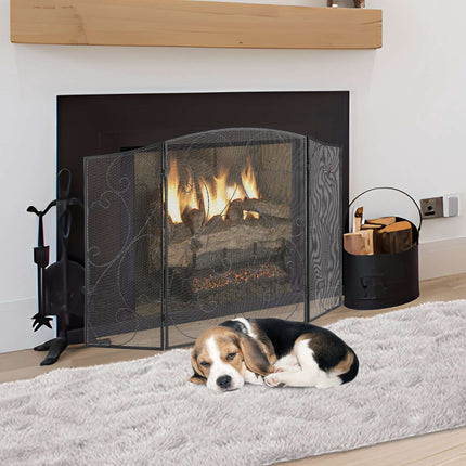 Fireplace Screen, 3-Panel Iron Mesh, 48-Inch Wide