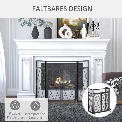 Fireplace Screen, Foldable 3-Panel, Black Metal 120x79 cm