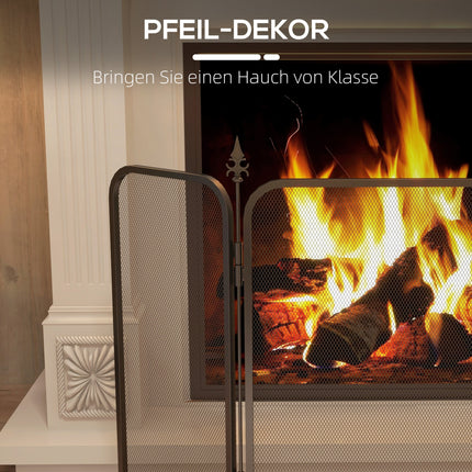 Folding metal fireplace screen, 3 panels, spark protection, black