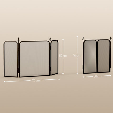 Folding metal fireplace screen, 3 panels, spark protection, black