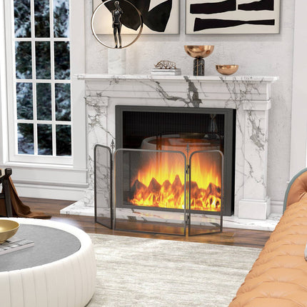 Folding metal fireplace screen, 3 panels, spark protection, black