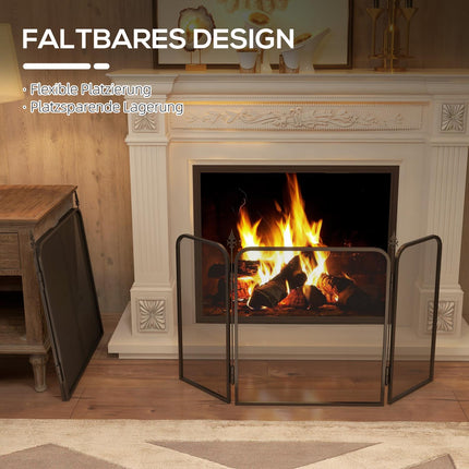 Folding metal fireplace screen, 3 panels, spark protection, black