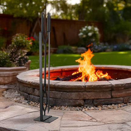 Fireplace Tool Set, 3-Piece Wrought Iron Stand, Black
