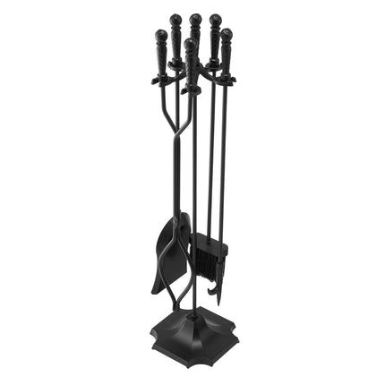 Fireplace Tool Set, 5-Piece Wrought Iron Stand, Black