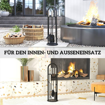 Kaminbesteck, 5-teilig mit Ständer, Besen, Schaufel, Schürhaken, Zange