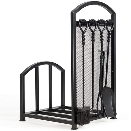 Kaminholzregal mit 4 Kaminbestecken, Stahl, Schwarz