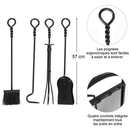 Kaminholzregal mit 4 Kaminbestecken, Stahl, Schwarz