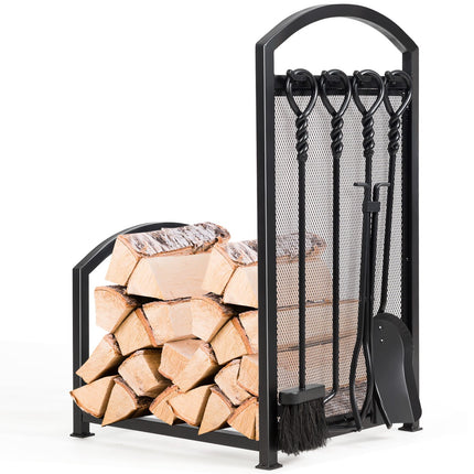 Kaminholzregal mit 4 Kaminbestecken, Stahl, Schwarz