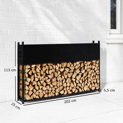 Firewood Rack 202 x 25 x 113 cm with 600D Oxford Cover, Steel, 500 kg, Black