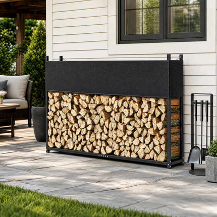 Firewood Rack 202 x 25 x 113 cm with 600D Oxford Cover, Steel, 500 kg, Black