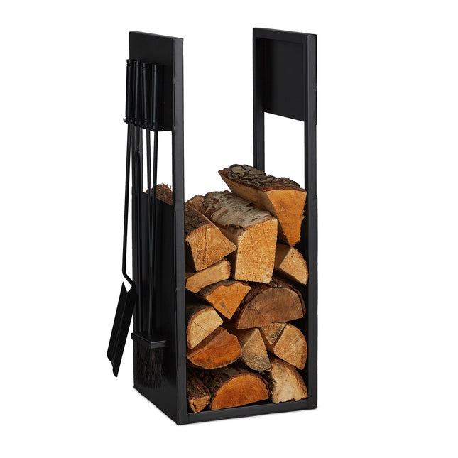 Firewood Rack with Poker, Shovel, Broom, Tongs