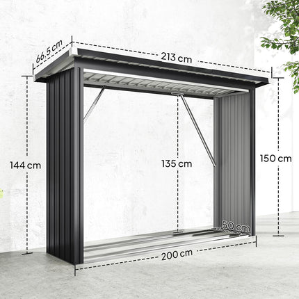 Kaminholzregal, Stahl, erhöhter Boden, 213x66.5x150 cm