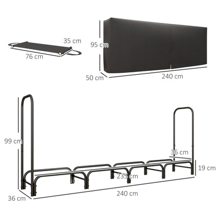 Kaminholzregal, 0,67 m³, mit Tragetasche & Abdeckung, Metallgestell, bis 200 kg, 240 x 36 x 99 cm, schwarz