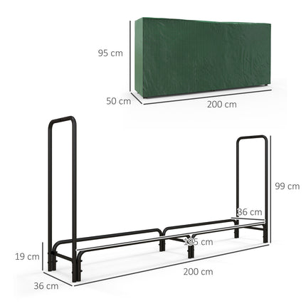 Verstellbares Kaminholzregal, Metall, 200x36x99 cm mit Abdeckung