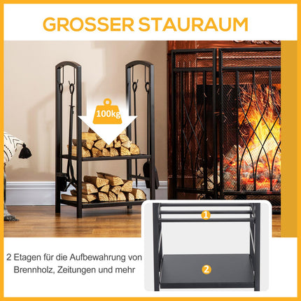 Wood rack with tray, 2-layer stove tool, black