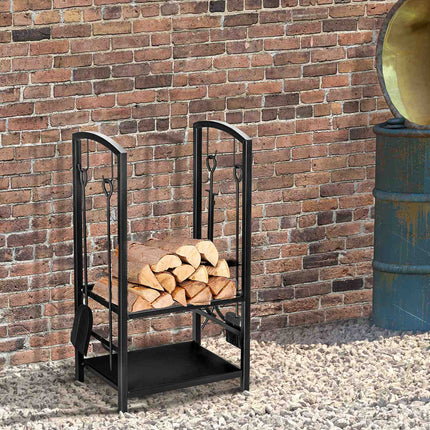 Wood rack with tray, 2-layer stove tool, black