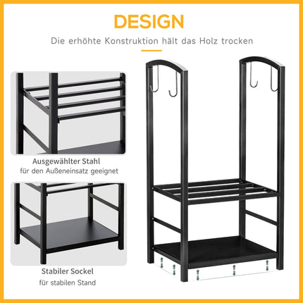 Wood rack with tray, 2-layer stove tool, black
