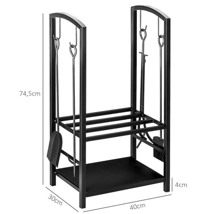 Wood rack with tray, 2-layer stove tool, black