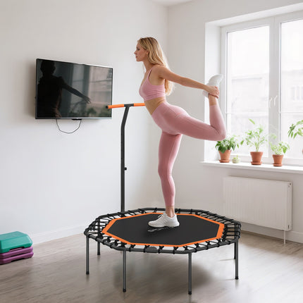Fitness trampolína, nastavitelné madlo, do interiéru, ocel, oranžová